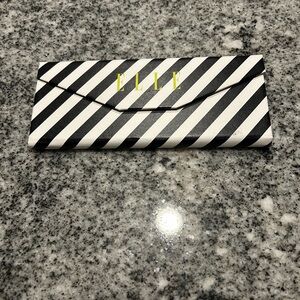 Elle Black and White Diagonal Stripe Trifold Eyeglass Case with Gold Logo